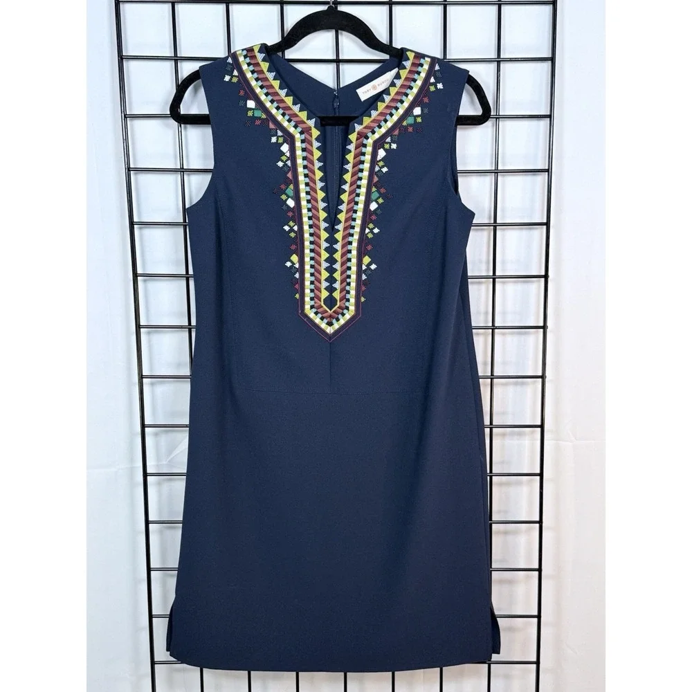 Tory Burch Embroidered Sophia Shift Dress‎ Womens 6 Blue Boho Beaded Casual